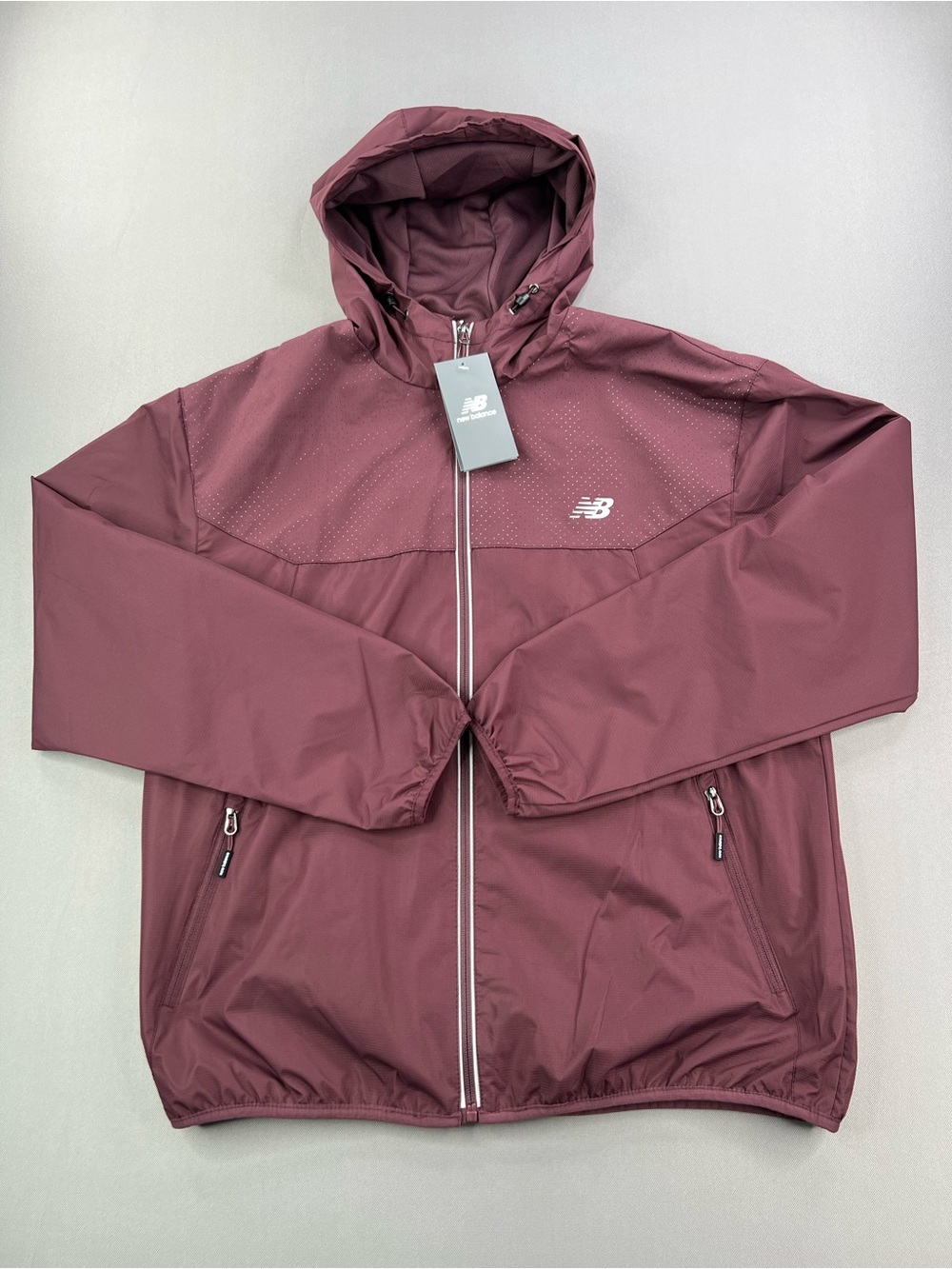 NEW BALANCE FULL ZIP DOBBY PERFORATED HOODED ATHLETIC WIND BREAKER JACKET